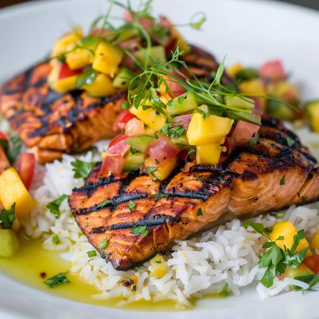 Grilled Salmon with Mango Salsa Coconut Rice