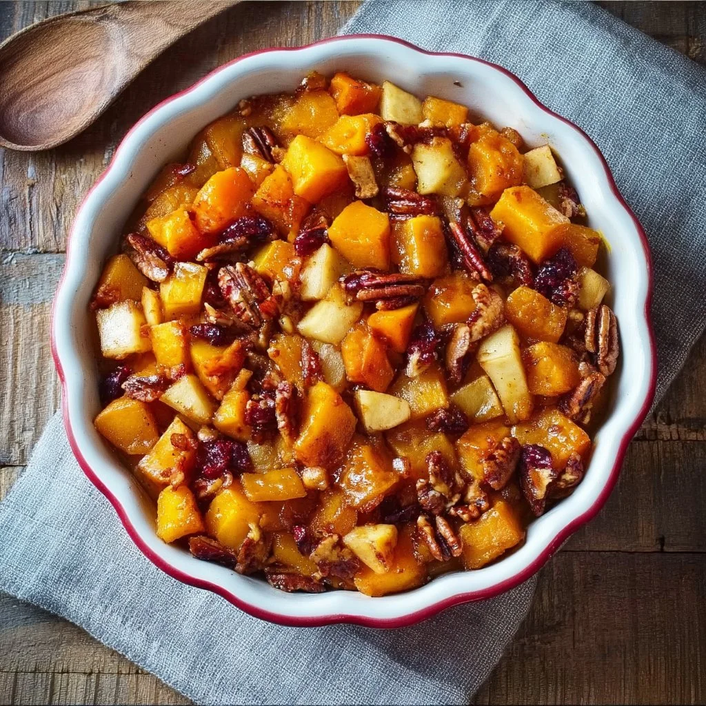 Delicious butternut squash apple bake topped with spices and served in a dish