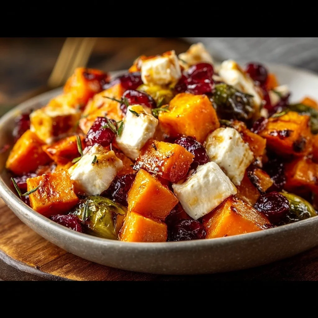 Cranberry-Glazed Roasted Butternut Squash Salad garnished with fresh ingredients
