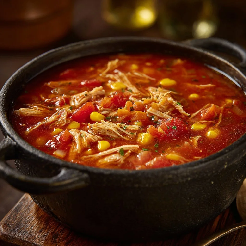 A bowl of hearty Brunswick Stew with vegetables and meats