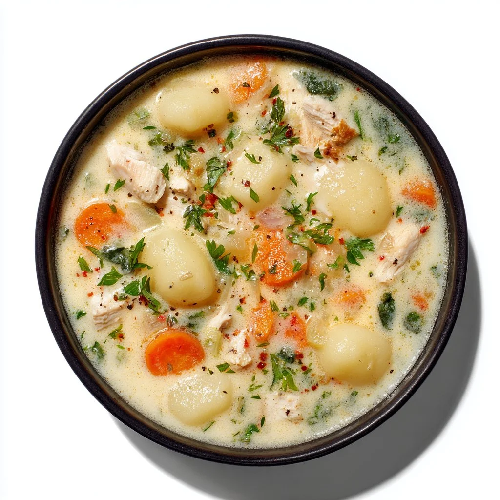 Bowl of Chicken Gnocchi Soup with fresh herbs and garnishes