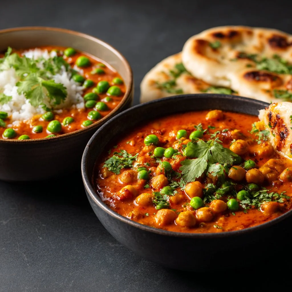 Creamy coconut chickpea curry served in a bowl with fresh herbs