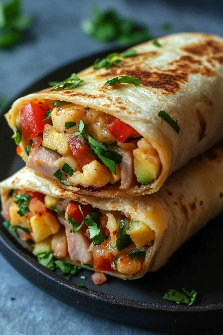 Easy Eggless Ham and Vegetable Breakfast Burritos