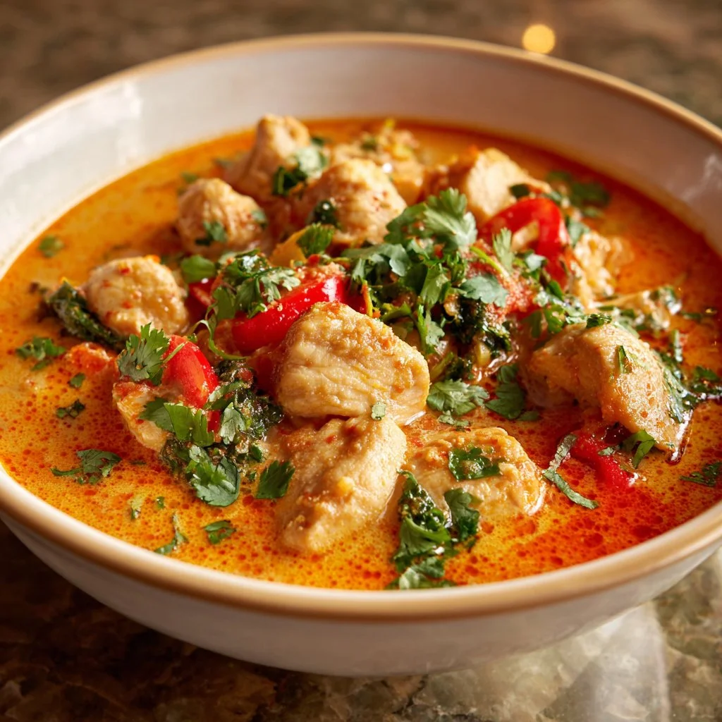 Bowl of flavorful Thai Red Curry Chicken with vibrant vegetables and herbs