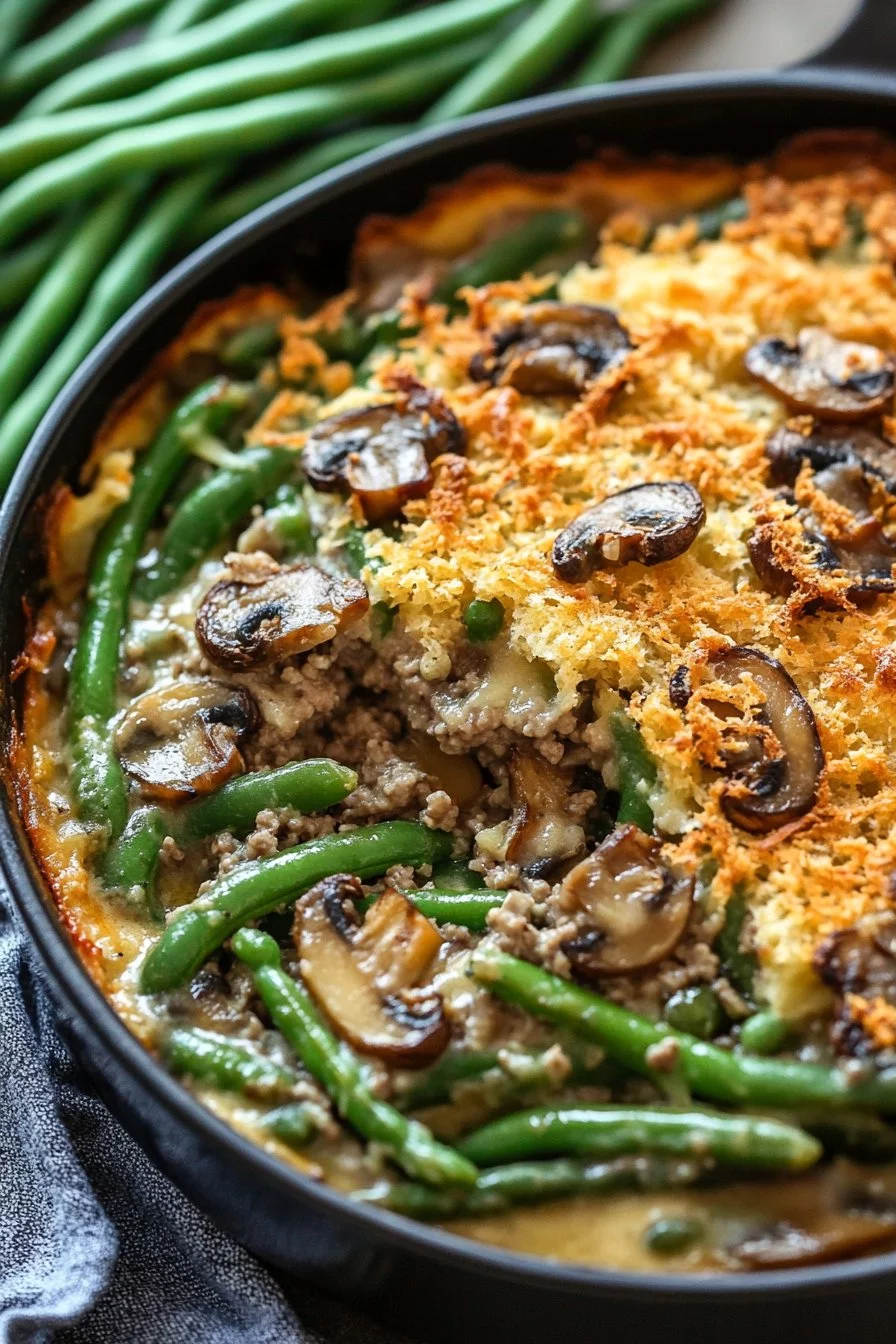 Hamburger Green Bean Casserole with Mushrooms