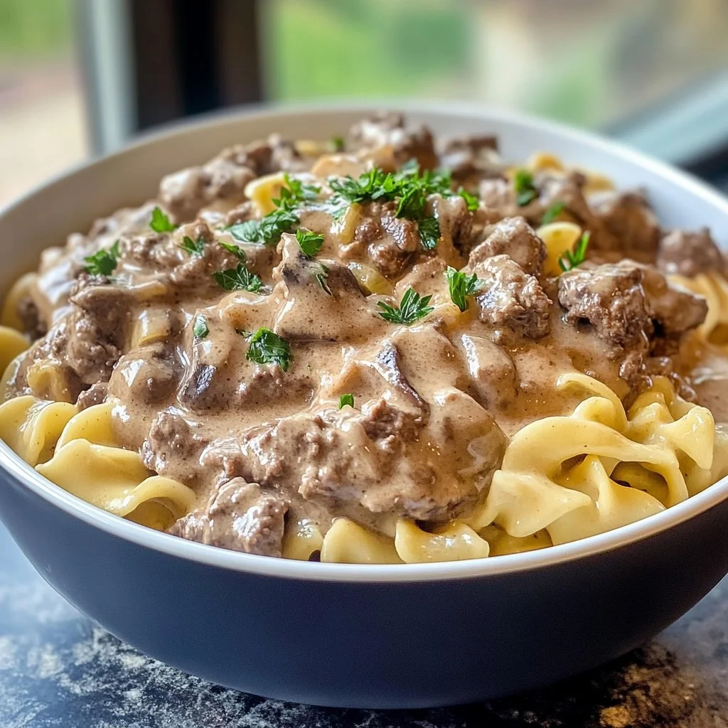 Delicious Ground Beef Stroganoff served in a bowl with creamy sauce and noodles