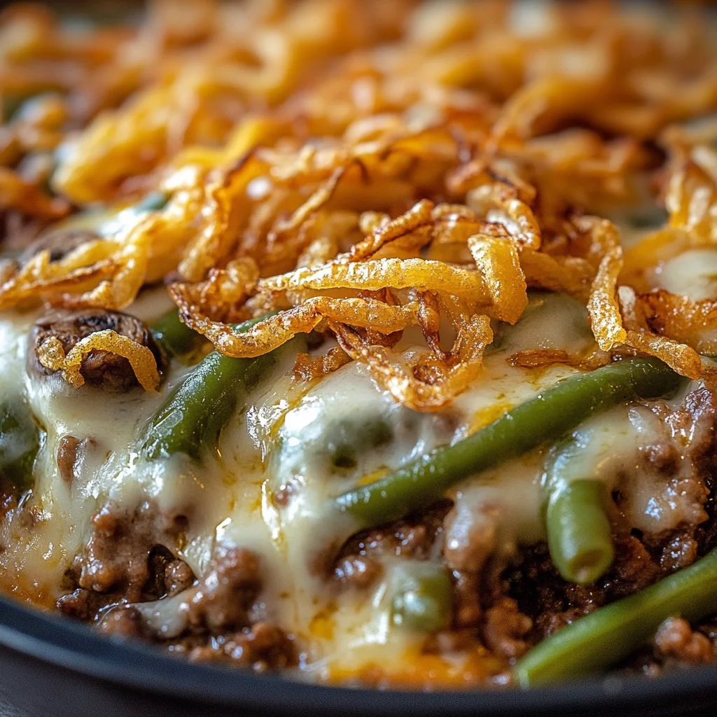 Delicious Hamburger Green Bean Casserole with Mushrooms served in a rustic dish
