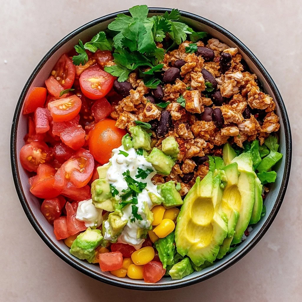Healthy turkey taco bowl with fresh ingredients and garnishes
