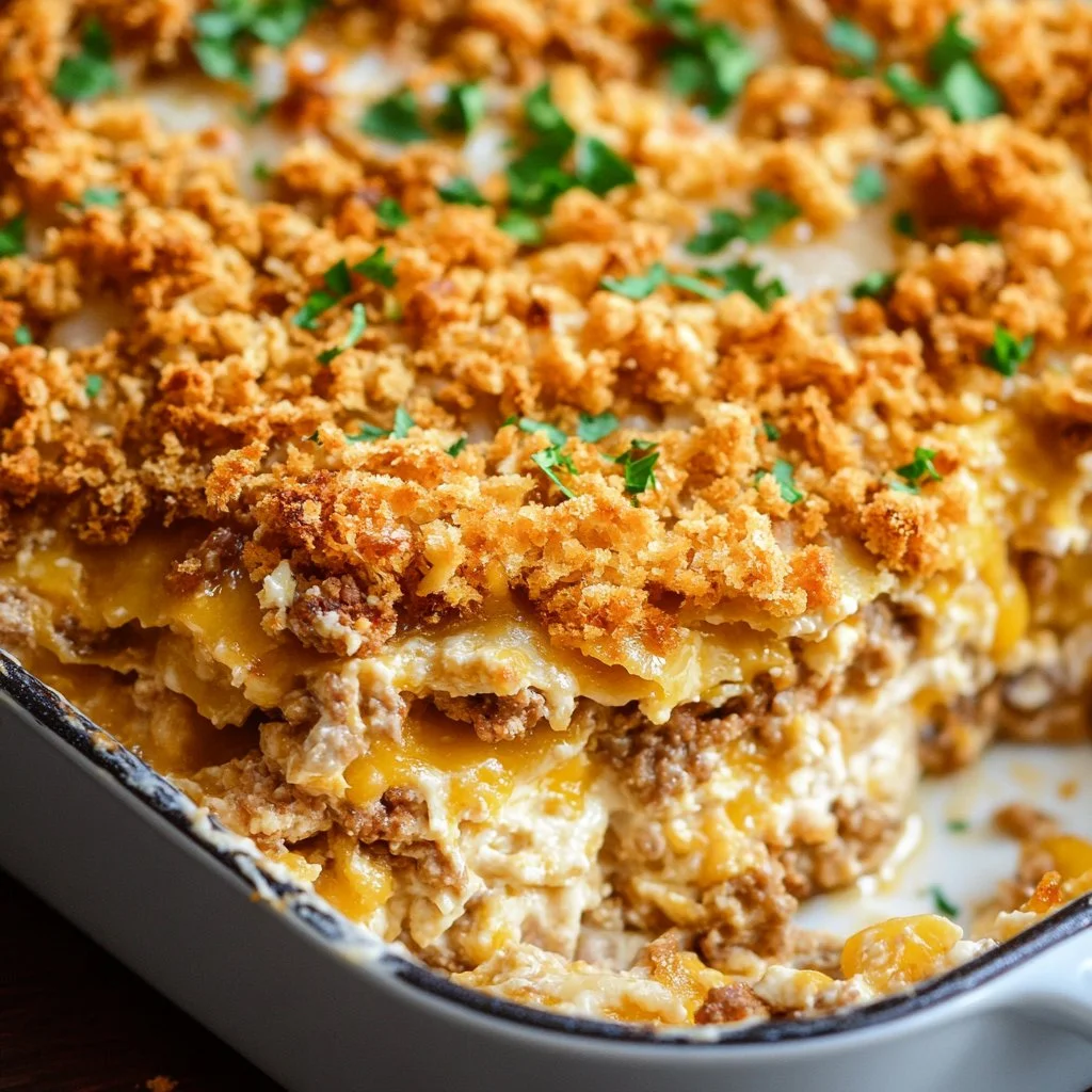 Million Dollar Ground Turkey Casserole topped with cheese and herbs