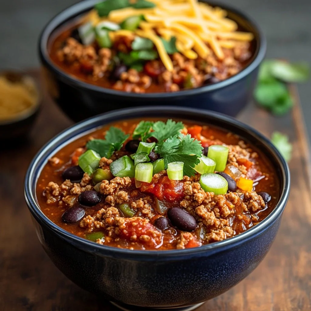 Bowl of slow-cooker turkey chili garnished with cilantro and chopped onions